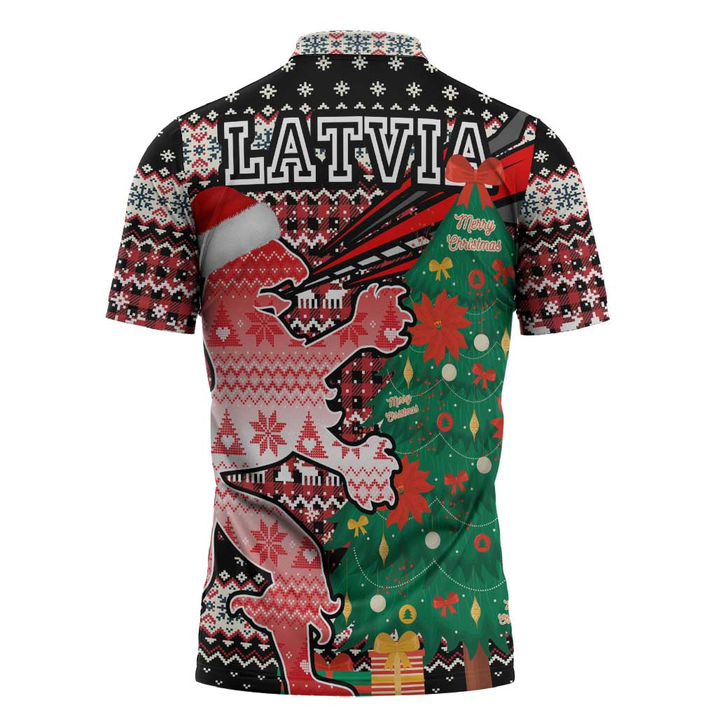 Latvia Christmas Zipper Polo Shirt with Red Lion, Holiday Tree, and Nordic Pattern Design - Wonder Print Shop