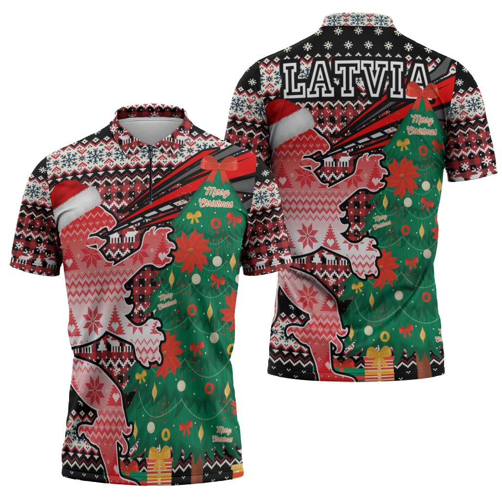 Latvia Christmas Zipper Polo Shirt with Red Lion, Holiday Tree, and Nordic Pattern Design - Wonder Print Shop