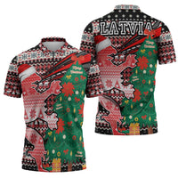 Latvia Christmas Zipper Polo Shirt with Red Lion, Holiday Tree, and Nordic Pattern Design - Wonder Print Shop