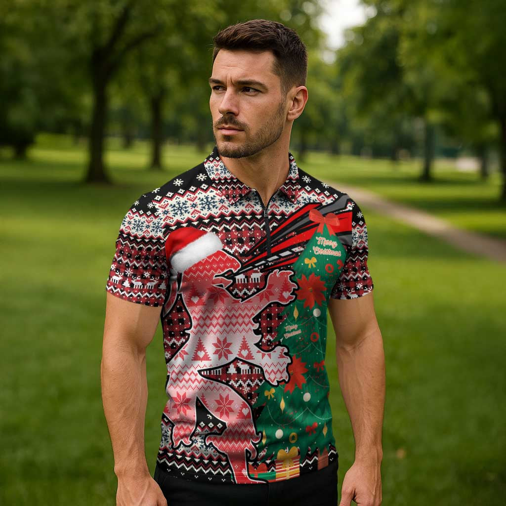 Latvia Christmas Zipper Polo Shirt with Red Lion, Holiday Tree, and Nordic Pattern Design - Wonder Print Shop