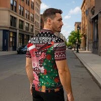 Latvia Christmas Zipper Polo Shirt with Red Lion, Holiday Tree, and Nordic Pattern Design - Wonder Print Shop