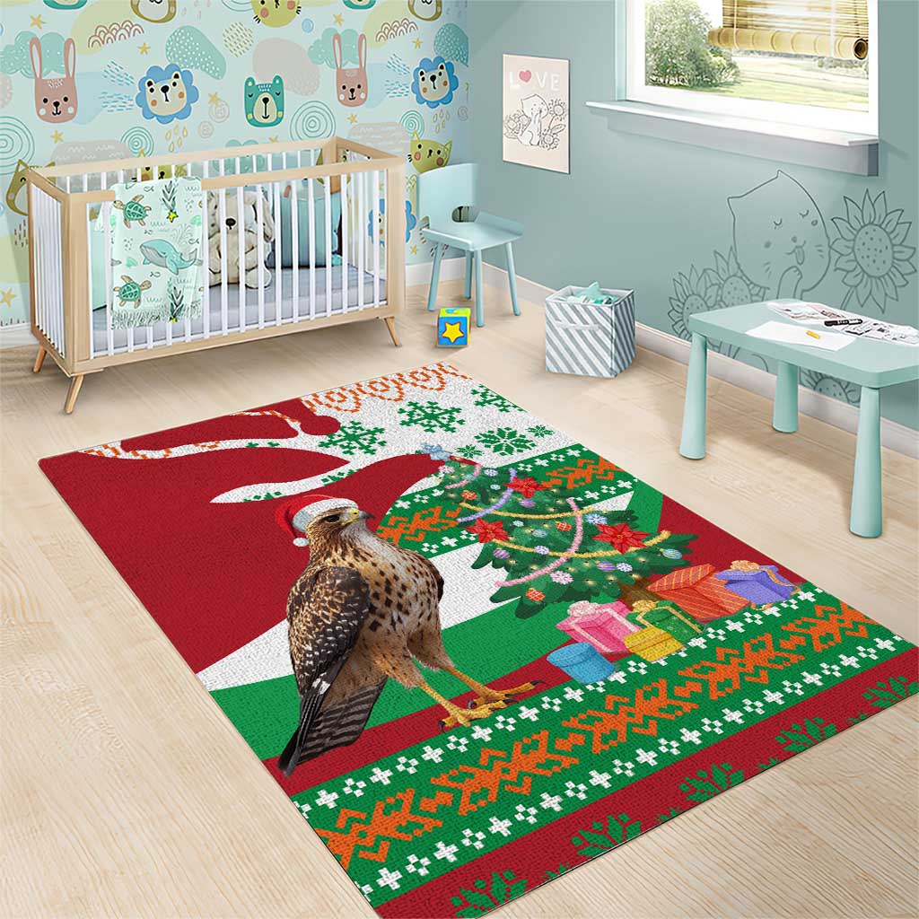 Lebanon Christmas Area Rug with Falcon, Holiday Tree, and Red Green Snowflake Pattern - Wonder Print Shop