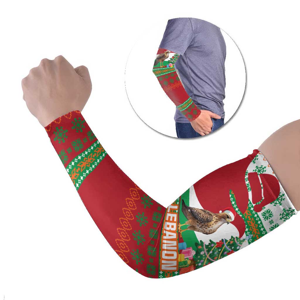 Lebanon Christmas Arm Sleeves with Falcon, Holiday Tree, and Red Green Snowflake Pattern - Wonder Print Shop