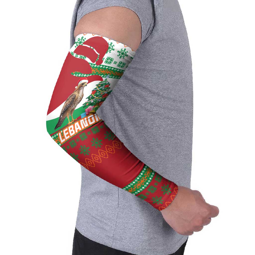 Lebanon Christmas Arm Sleeves with Falcon, Holiday Tree, and Red Green Snowflake Pattern - Wonder Print Shop