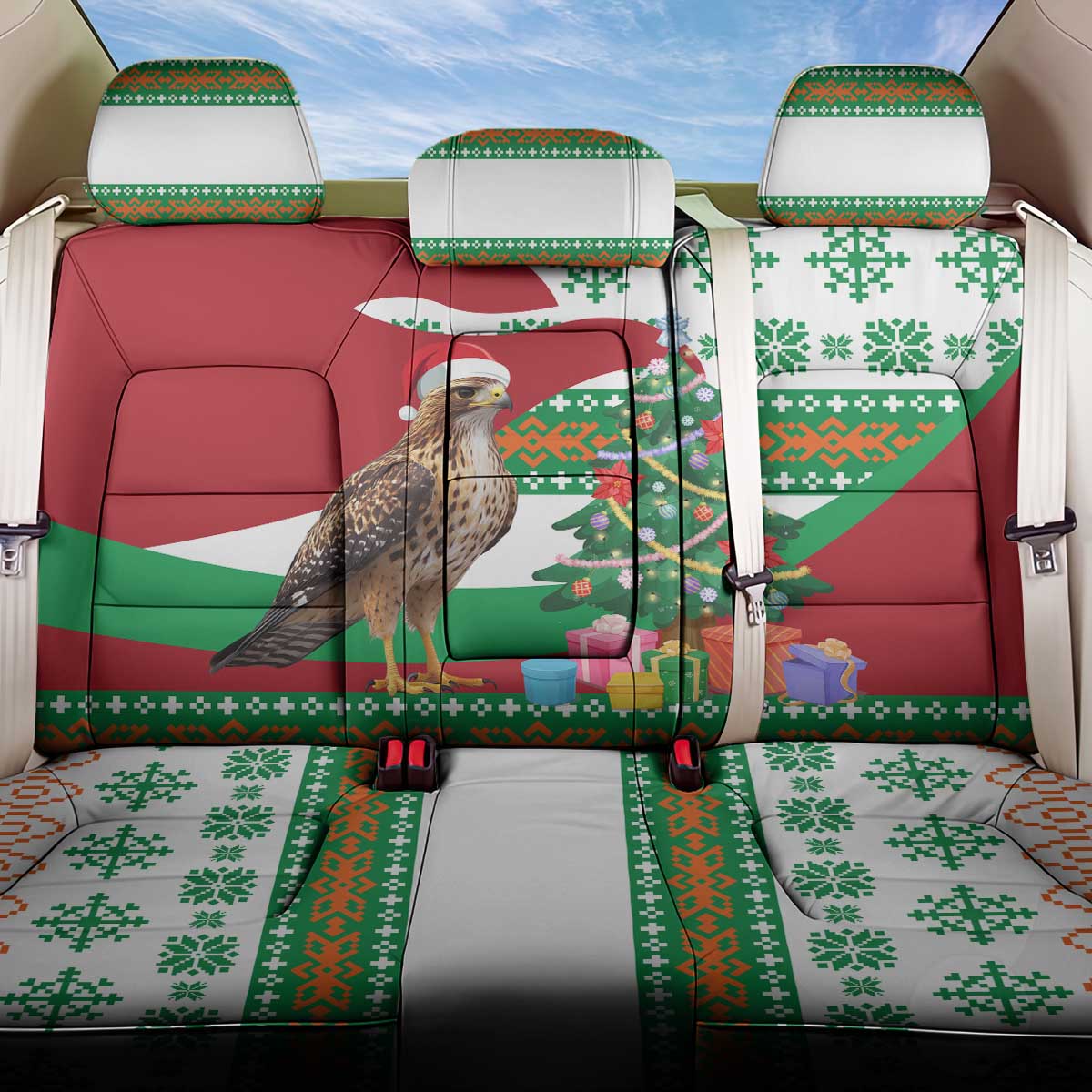 Lebanon Christmas Back Car Seat Cover with Falcon, Holiday Tree, and Red Green Snowflake Pattern - Wonder Print Shop