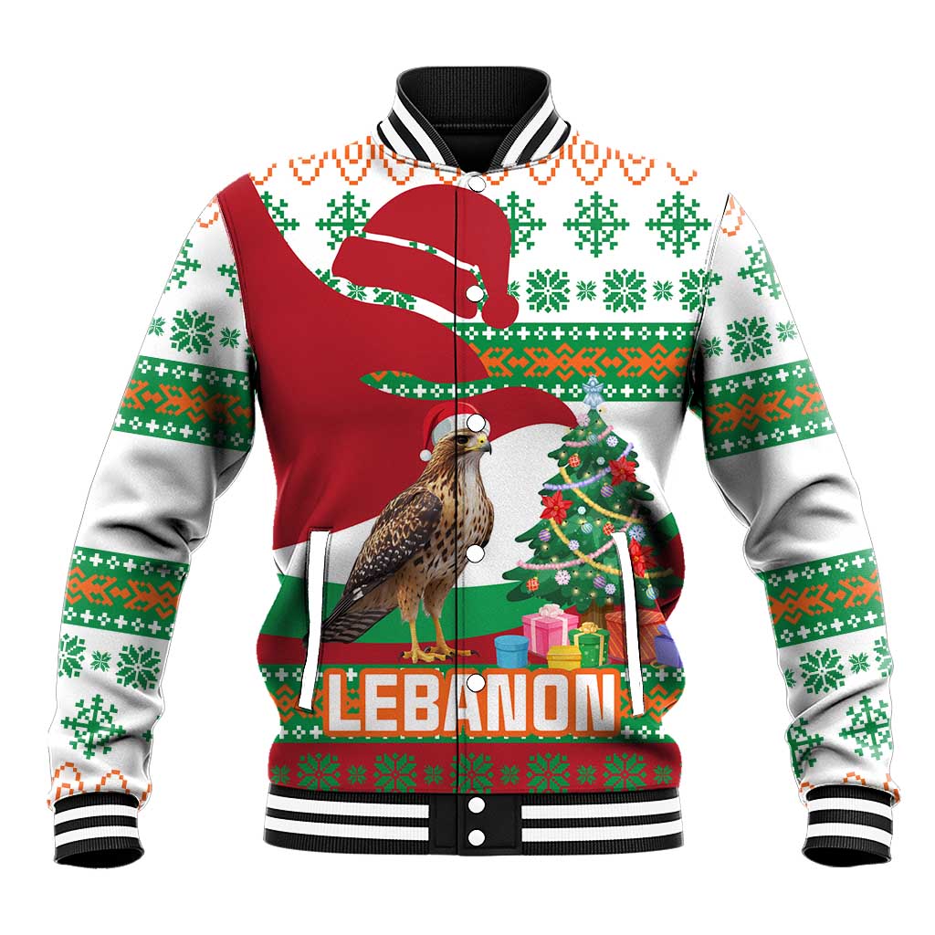 Lebanon Christmas Baseball Jacket with Falcon, Holiday Tree, and Red Green Snowflake Pattern - Wonder Print Shop