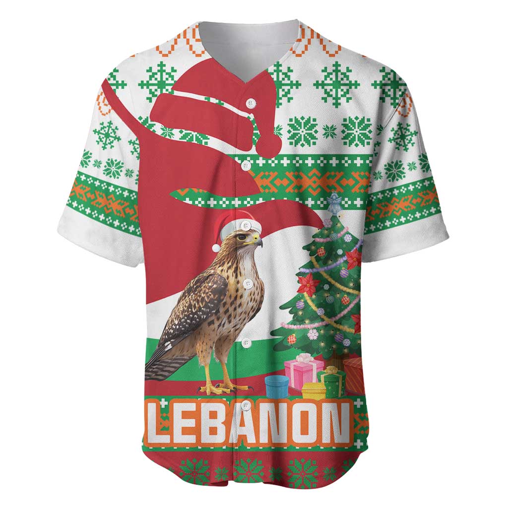 Lebanon Christmas Baseball Jersey with Falcon, Holiday Tree, and Red Green Snowflake Pattern - Wonder Print Shop