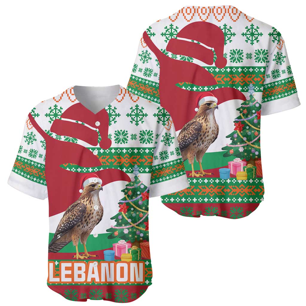 Lebanon Christmas Baseball Jersey with Falcon, Holiday Tree, and Red Green Snowflake Pattern - Wonder Print Shop