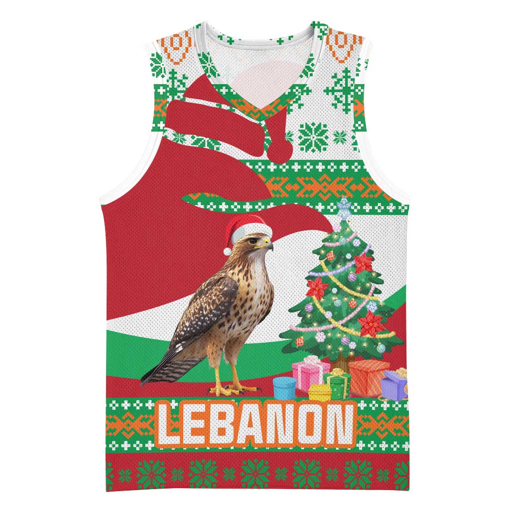 Lebanon Christmas Basketball Jersey with Falcon, Holiday Tree, and Red Green Snowflake Pattern - Wonder Print Shop