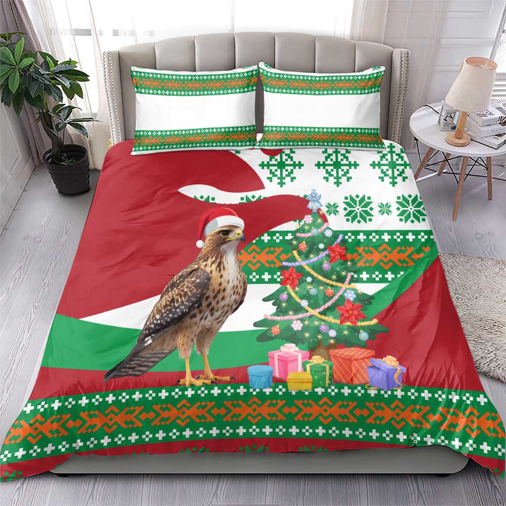 Lebanon Christmas Bedding Set with Falcon, Holiday Tree, and Red Green Snowflake Pattern - Wonder Print Shop