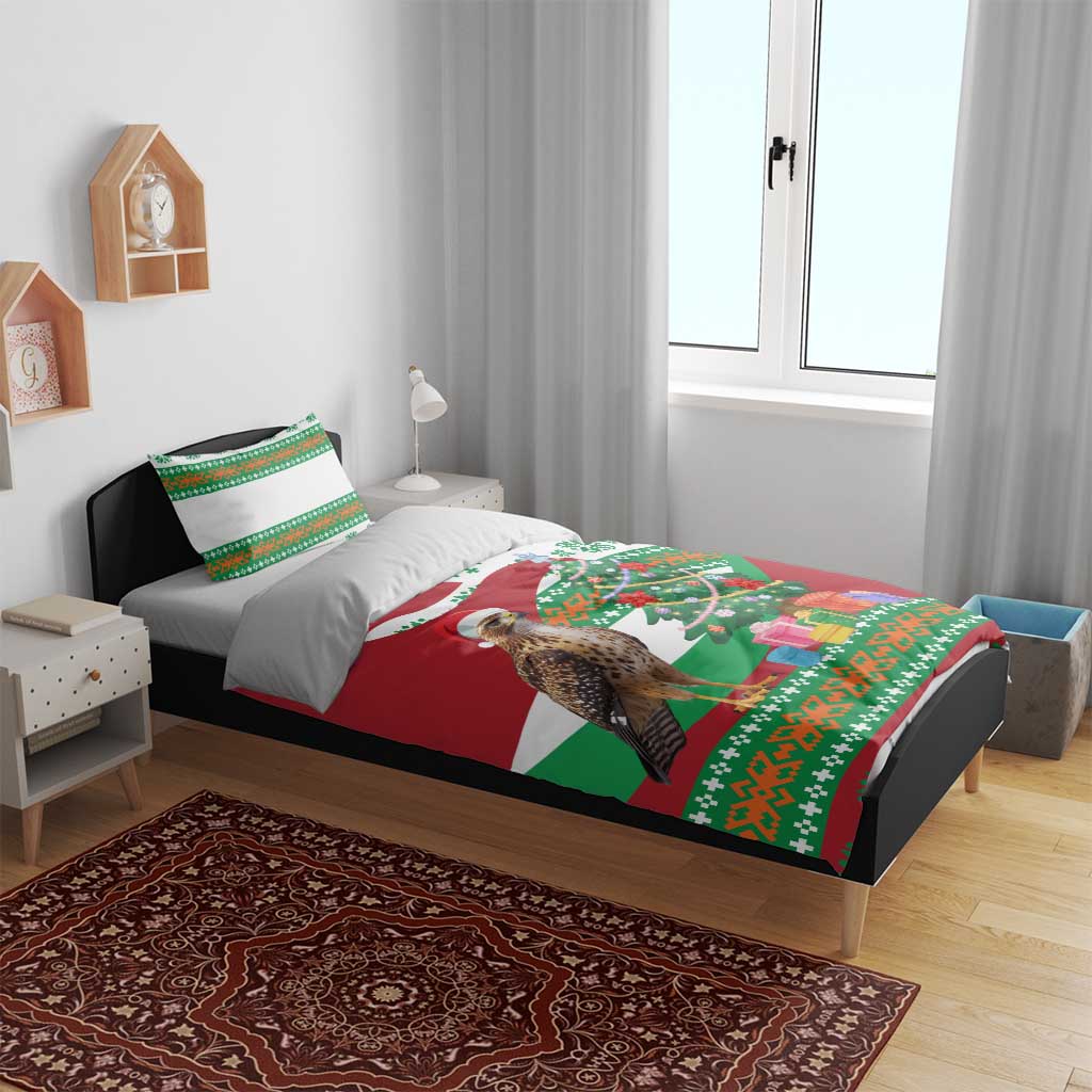 Lebanon Christmas Bedding Set with Falcon, Holiday Tree, and Red Green Snowflake Pattern - Wonder Print Shop