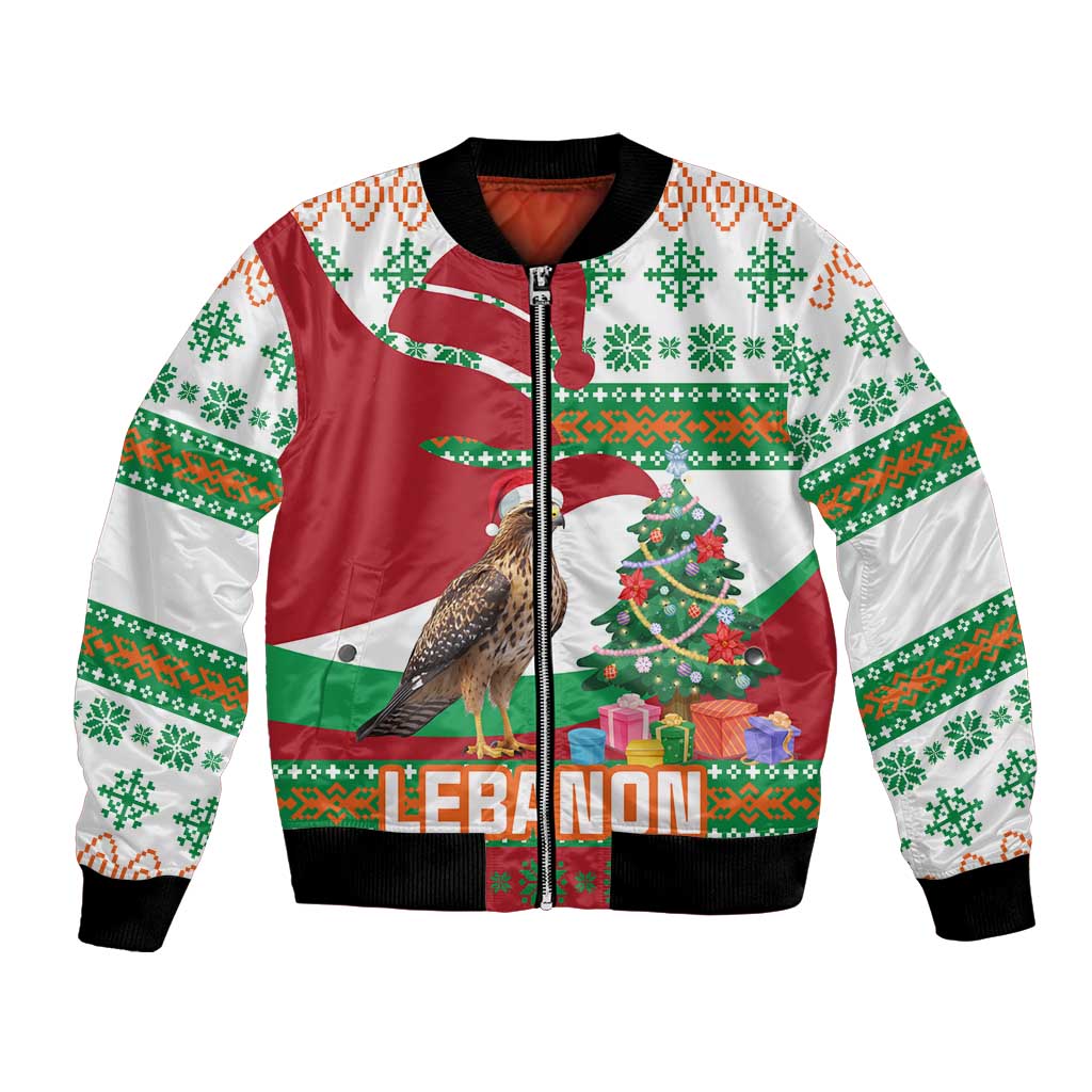 Lebanon Christmas Bomber Jacket with Falcon, Holiday Tree, and Red Green Snowflake Pattern - Wonder Print Shop
