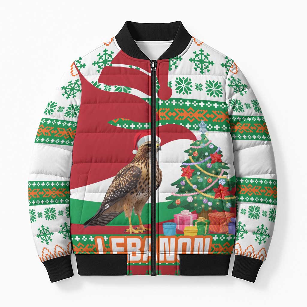 Lebanon Christmas Bomber Puffer Jacket with Falcon, Holiday Tree, and Red Green Snowflake Pattern - Wonder Print Shop