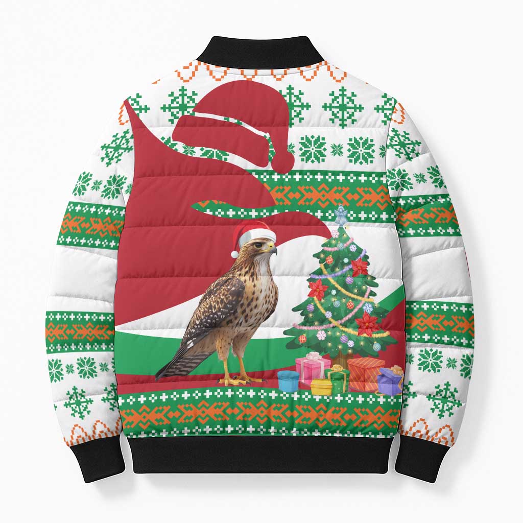 Lebanon Christmas Bomber Puffer Jacket with Falcon, Holiday Tree, and Red Green Snowflake Pattern - Wonder Print Shop