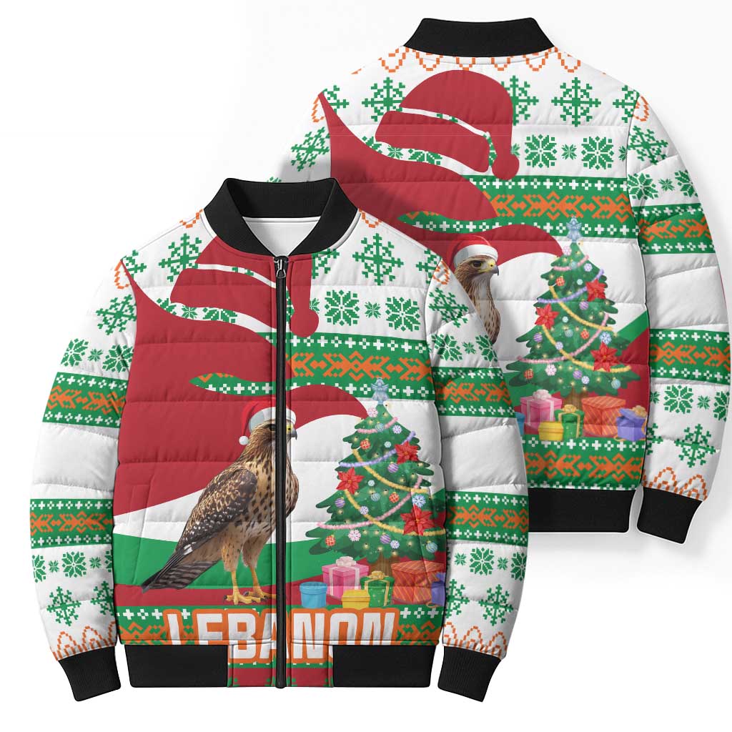 Lebanon Christmas Bomber Puffer Jacket with Falcon, Holiday Tree, and Red Green Snowflake Pattern - Wonder Print Shop