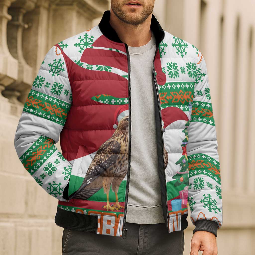 Lebanon Christmas Bomber Puffer Jacket with Falcon, Holiday Tree, and Red Green Snowflake Pattern - Wonder Print Shop