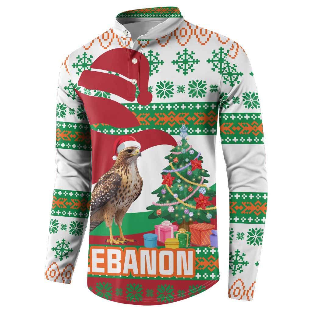 Lebanon Christmas Button Sweatshirt with Falcon, Holiday Tree, and Red Green Snowflake Pattern - Wonder Print Shop