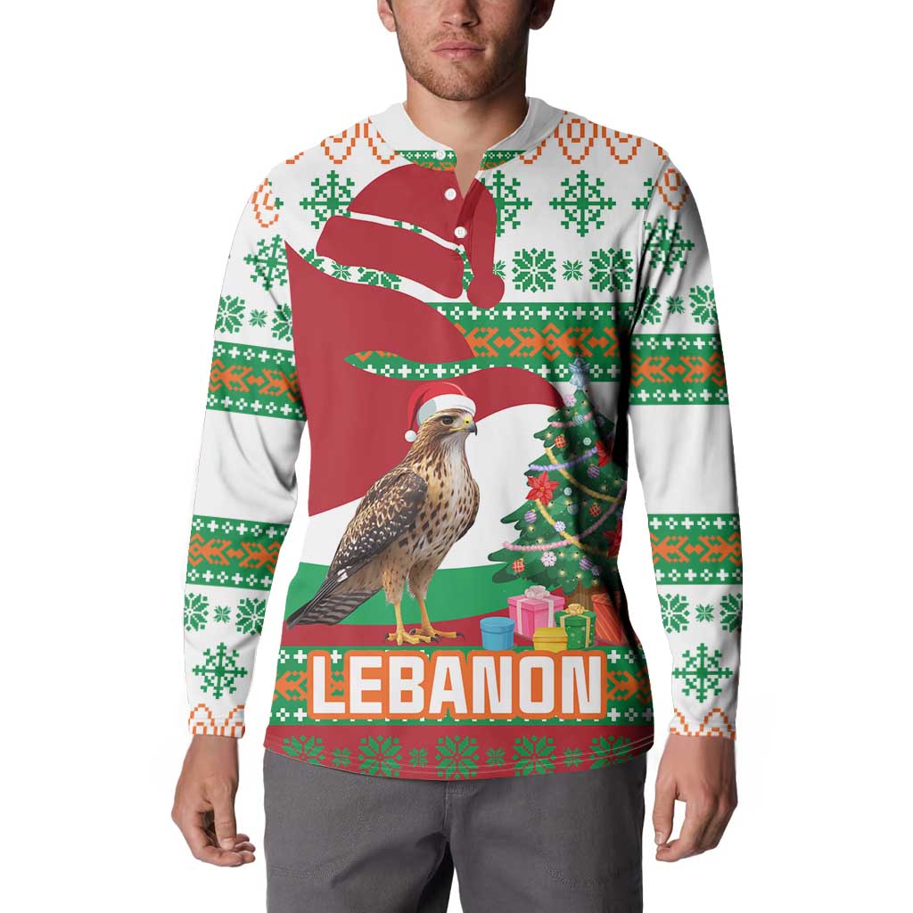 Lebanon Christmas Button Sweatshirt with Falcon, Holiday Tree, and Red Green Snowflake Pattern - Wonder Print Shop