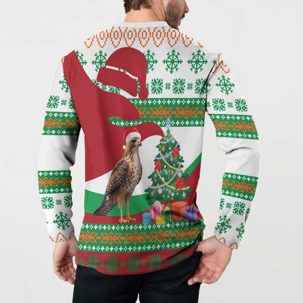 Lebanon Christmas Button Sweatshirt with Falcon, Holiday Tree, and Red Green Snowflake Pattern - Wonder Print Shop