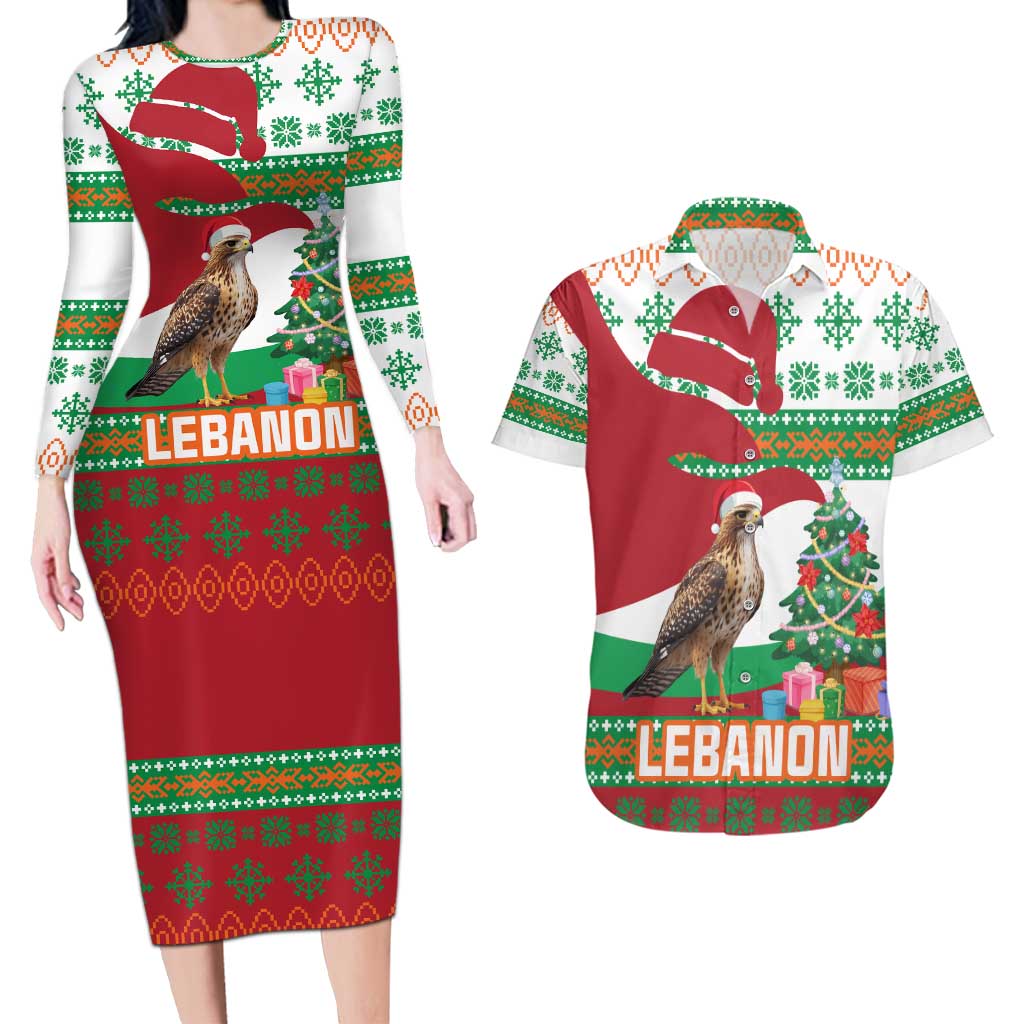 Lebanon Christmas Couples Matching Long Sleeve Bodycon Dress and Hawaiian Shirt with Falcon, Holiday Tree, and Red Green Snowflake Pattern - Wonder Print Shop