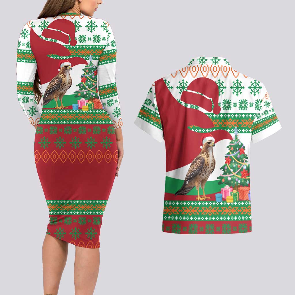 Lebanon Christmas Couples Matching Long Sleeve Bodycon Dress and Hawaiian Shirt with Falcon, Holiday Tree, and Red Green Snowflake Pattern - Wonder Print Shop