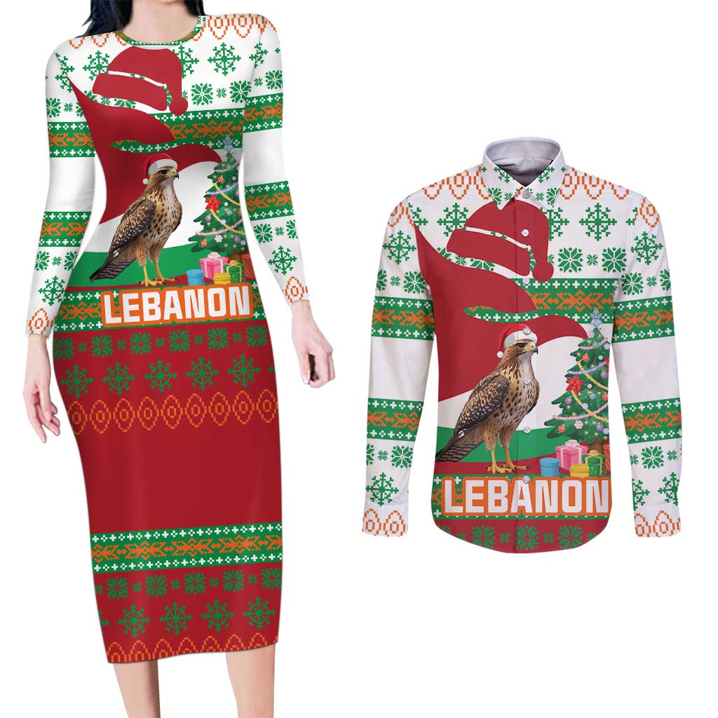 Lebanon Christmas Couples Matching Long Sleeve Bodycon Dress and Long Sleeve Button Shirt with Falcon, Holiday Tree, and Red Green Snowflake Pattern - Wonder Print Shop