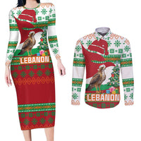 Lebanon Christmas Couples Matching Long Sleeve Bodycon Dress and Long Sleeve Button Shirt with Falcon, Holiday Tree, and Red Green Snowflake Pattern - Wonder Print Shop
