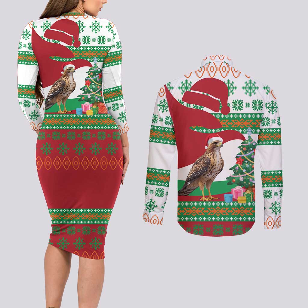 Lebanon Christmas Couples Matching Long Sleeve Bodycon Dress and Long Sleeve Button Shirt with Falcon, Holiday Tree, and Red Green Snowflake Pattern - Wonder Print Shop