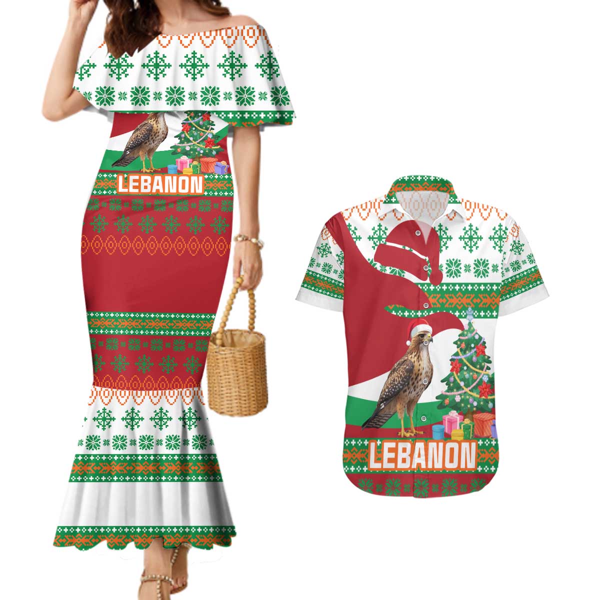 Lebanon Christmas Couples Matching Mermaid Dress and Hawaiian Shirt with Falcon, Holiday Tree, and Red Green Snowflake Pattern - Wonder Print Shop