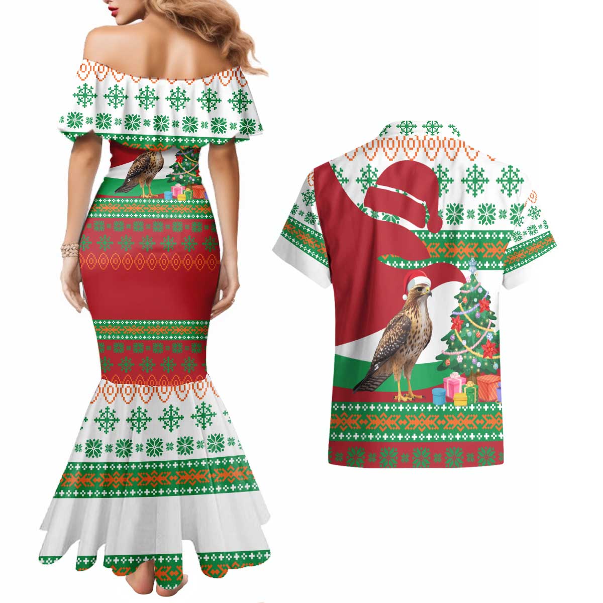 Lebanon Christmas Couples Matching Mermaid Dress and Hawaiian Shirt with Falcon, Holiday Tree, and Red Green Snowflake Pattern - Wonder Print Shop