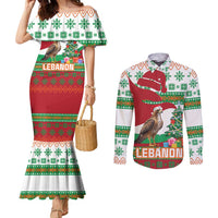 Lebanon Christmas Couples Matching Mermaid Dress and Long Sleeve Button Shirt with Falcon, Holiday Tree, and Red Green Snowflake Pattern - Wonder Print Shop
