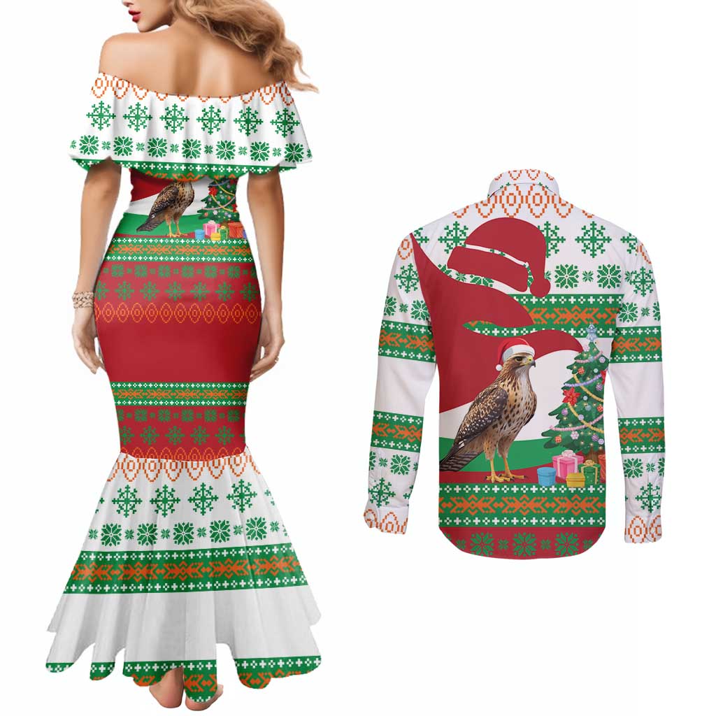 Lebanon Christmas Couples Matching Mermaid Dress and Long Sleeve Button Shirt with Falcon, Holiday Tree, and Red Green Snowflake Pattern - Wonder Print Shop