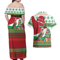 Lebanon Christmas Couples Matching Off Shoulder Maxi Dress and Hawaiian Shirt with Falcon, Holiday Tree, and Red Green Snowflake Pattern - Wonder Print Shop
