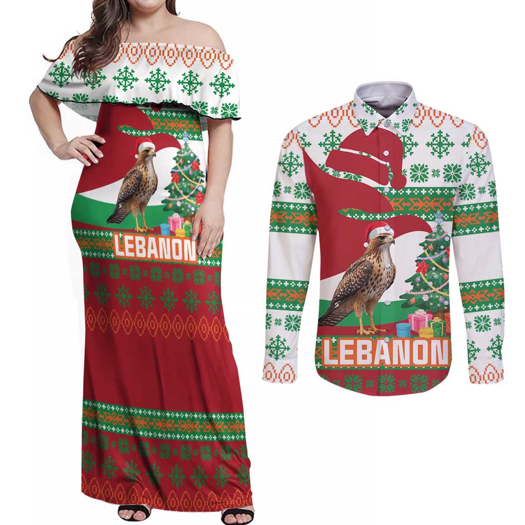Lebanon Christmas Couples Matching Off Shoulder Maxi Dress and Long Sleeve Button Shirt with Falcon, Holiday Tree, and Red Green Snowflake Pattern - Wonder Print Shop