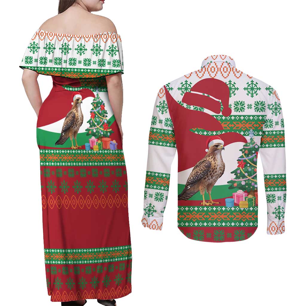 Lebanon Christmas Couples Matching Off Shoulder Maxi Dress and Long Sleeve Button Shirt with Falcon, Holiday Tree, and Red Green Snowflake Pattern - Wonder Print Shop