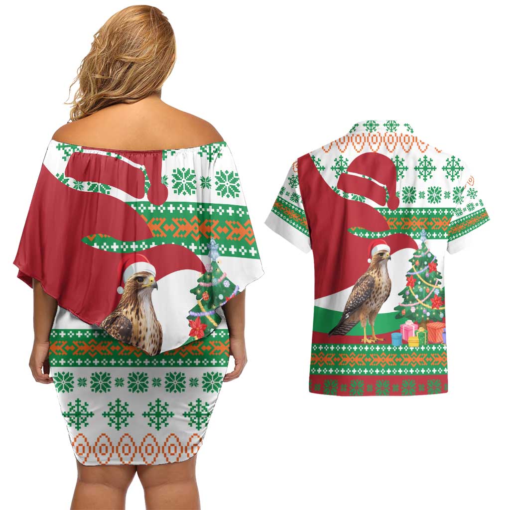 Lebanon Christmas Couples Matching Off Shoulder Short Dress and Hawaiian Shirt with Falcon, Holiday Tree, and Red Green Snowflake Pattern - Wonder Print Shop