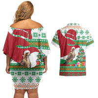 Lebanon Christmas Couples Matching Off Shoulder Short Dress and Hawaiian Shirt with Falcon, Holiday Tree, and Red Green Snowflake Pattern - Wonder Print Shop