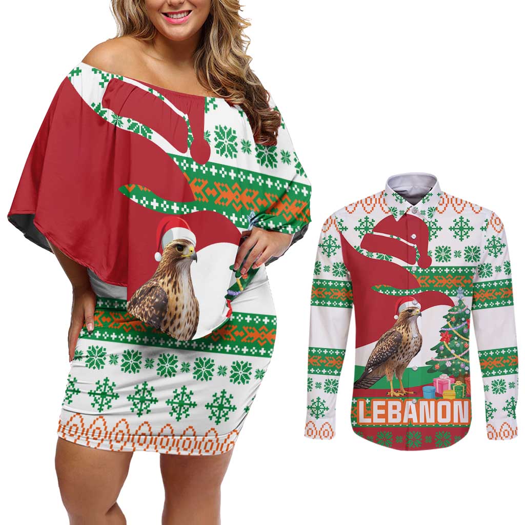 Lebanon Christmas Couples Matching Off Shoulder Short Dress and Long Sleeve Button Shirt with Falcon, Holiday Tree, and Red Green Snowflake Pattern - Wonder Print Shop