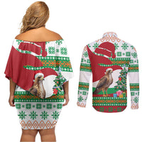 Lebanon Christmas Couples Matching Off Shoulder Short Dress and Long Sleeve Button Shirt with Falcon, Holiday Tree, and Red Green Snowflake Pattern - Wonder Print Shop