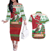 Lebanon Christmas Couples Matching Off The Shoulder Long Sleeve Dress and Hawaiian Shirt with Falcon, Holiday Tree, and Red Green Snowflake Pattern - Wonder Print Shop
