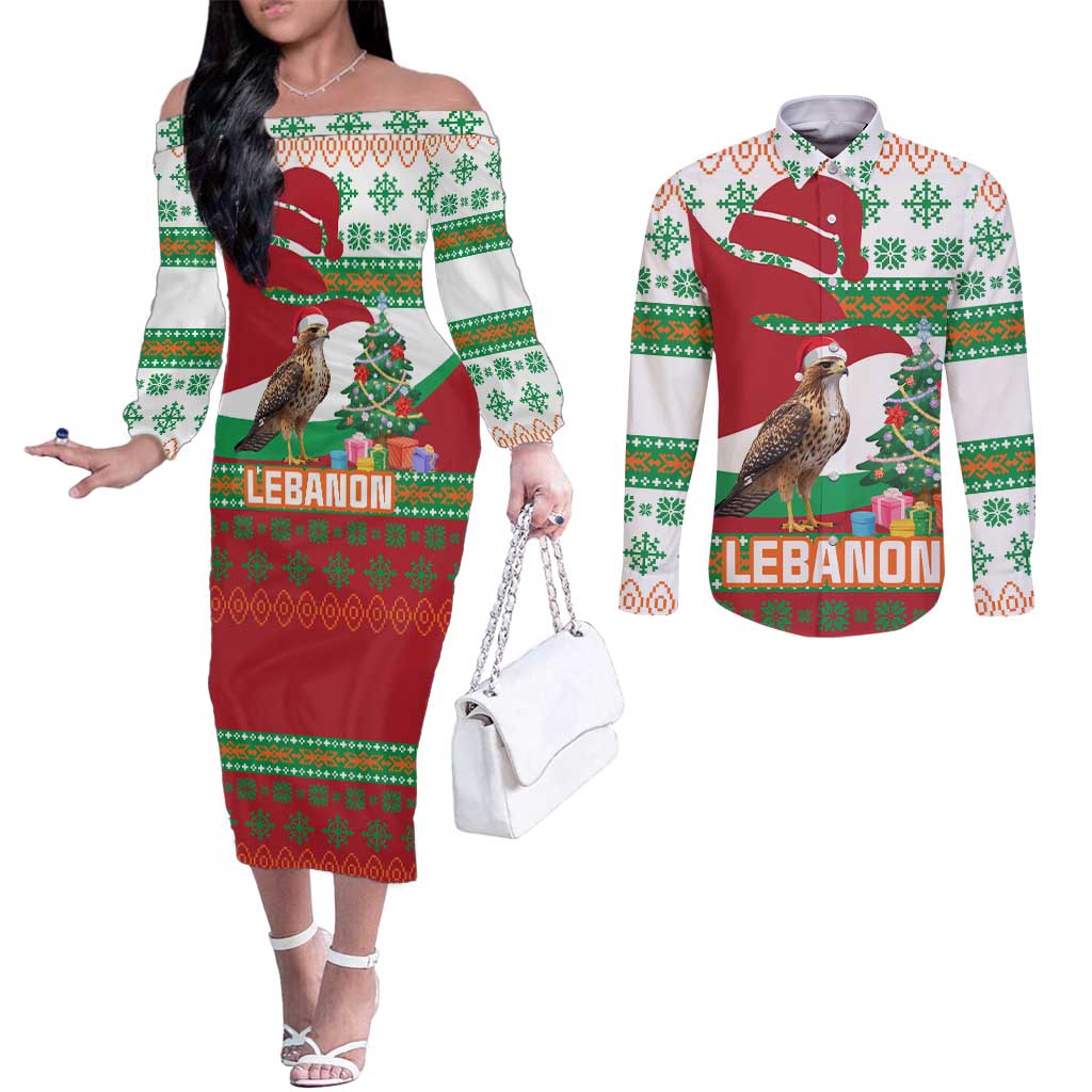 Lebanon Christmas Couples Matching Off The Shoulder Long Sleeve Dress and Long Sleeve Button Shirt with Falcon, Holiday Tree, and Red Green Snowflake Pattern - Wonder Print Shop