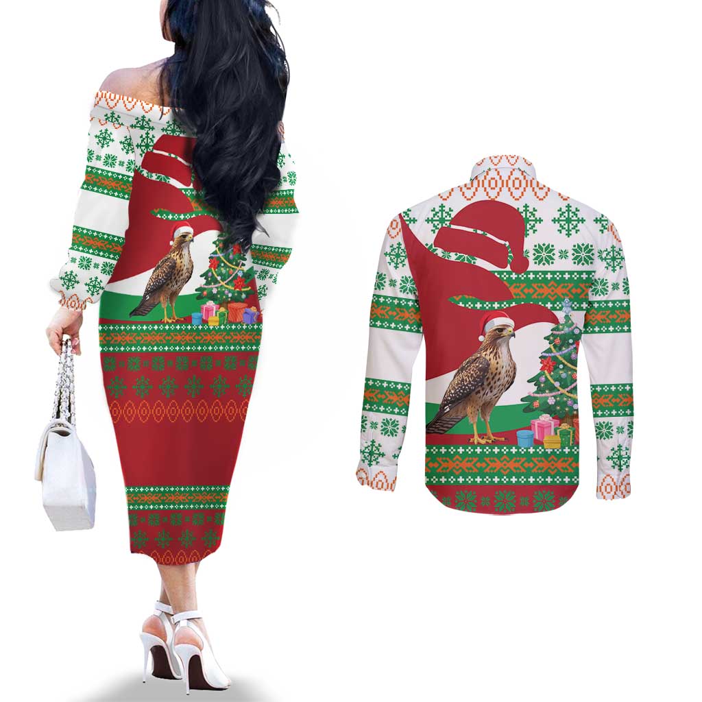 Lebanon Christmas Couples Matching Off The Shoulder Long Sleeve Dress and Long Sleeve Button Shirt with Falcon, Holiday Tree, and Red Green Snowflake Pattern - Wonder Print Shop