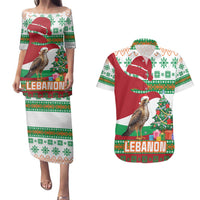 Lebanon Christmas Couples Matching Puletasi and Hawaiian Shirt with Falcon, Holiday Tree, and Red Green Snowflake Pattern - Wonder Print Shop