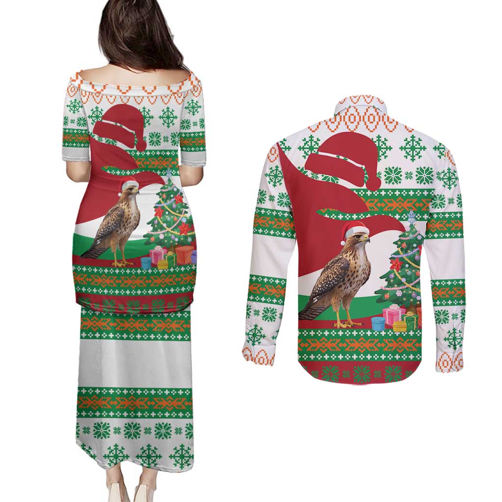 Lebanon Christmas Couples Matching Puletasi and Long Sleeve Button Shirt with Falcon, Holiday Tree, and Red Green Snowflake Pattern - Wonder Print Shop