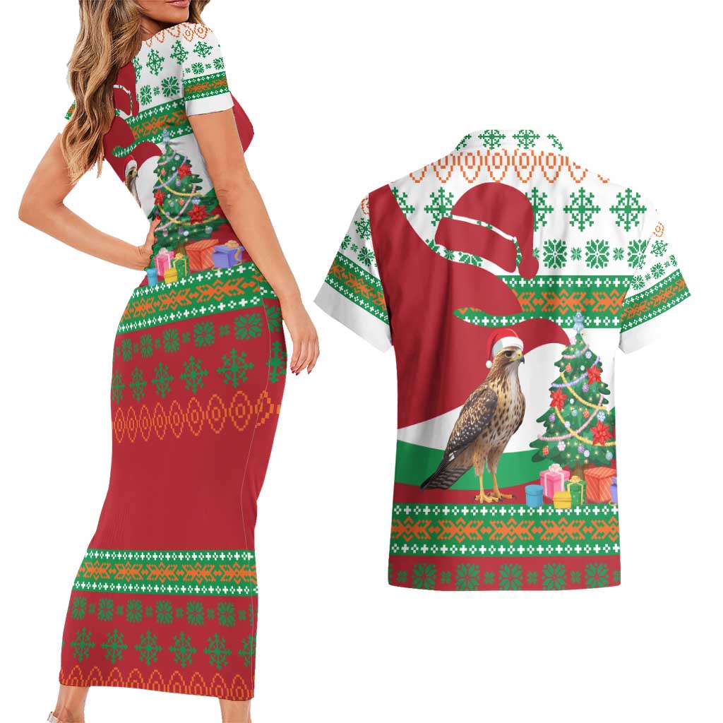 Lebanon Christmas Couples Matching Short Sleeve Bodycon Dress and Hawaiian Shirt with Falcon, Holiday Tree, and Red Green Snowflake Pattern - Wonder Print Shop