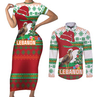 Lebanon Christmas Couples Matching Short Sleeve Bodycon Dress and Long Sleeve Button Shirt with Falcon, Holiday Tree, and Red Green Snowflake Pattern - Wonder Print Shop