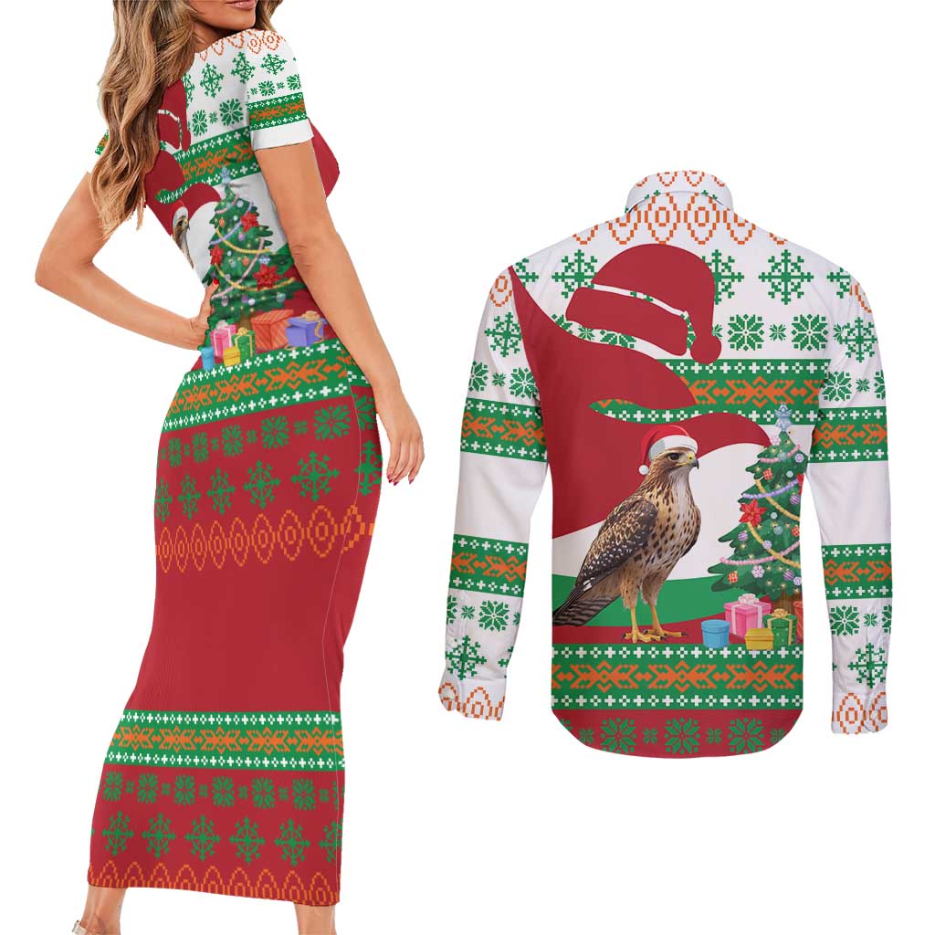 Lebanon Christmas Couples Matching Short Sleeve Bodycon Dress and Long Sleeve Button Shirt with Falcon, Holiday Tree, and Red Green Snowflake Pattern - Wonder Print Shop