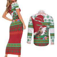 Lebanon Christmas Couples Matching Short Sleeve Bodycon Dress and Long Sleeve Button Shirt with Falcon, Holiday Tree, and Red Green Snowflake Pattern - Wonder Print Shop