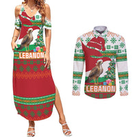 Lebanon Christmas Couples Matching Summer Maxi Dress and Long Sleeve Button Shirt with Falcon, Holiday Tree, and Red Green Snowflake Pattern - Wonder Print Shop