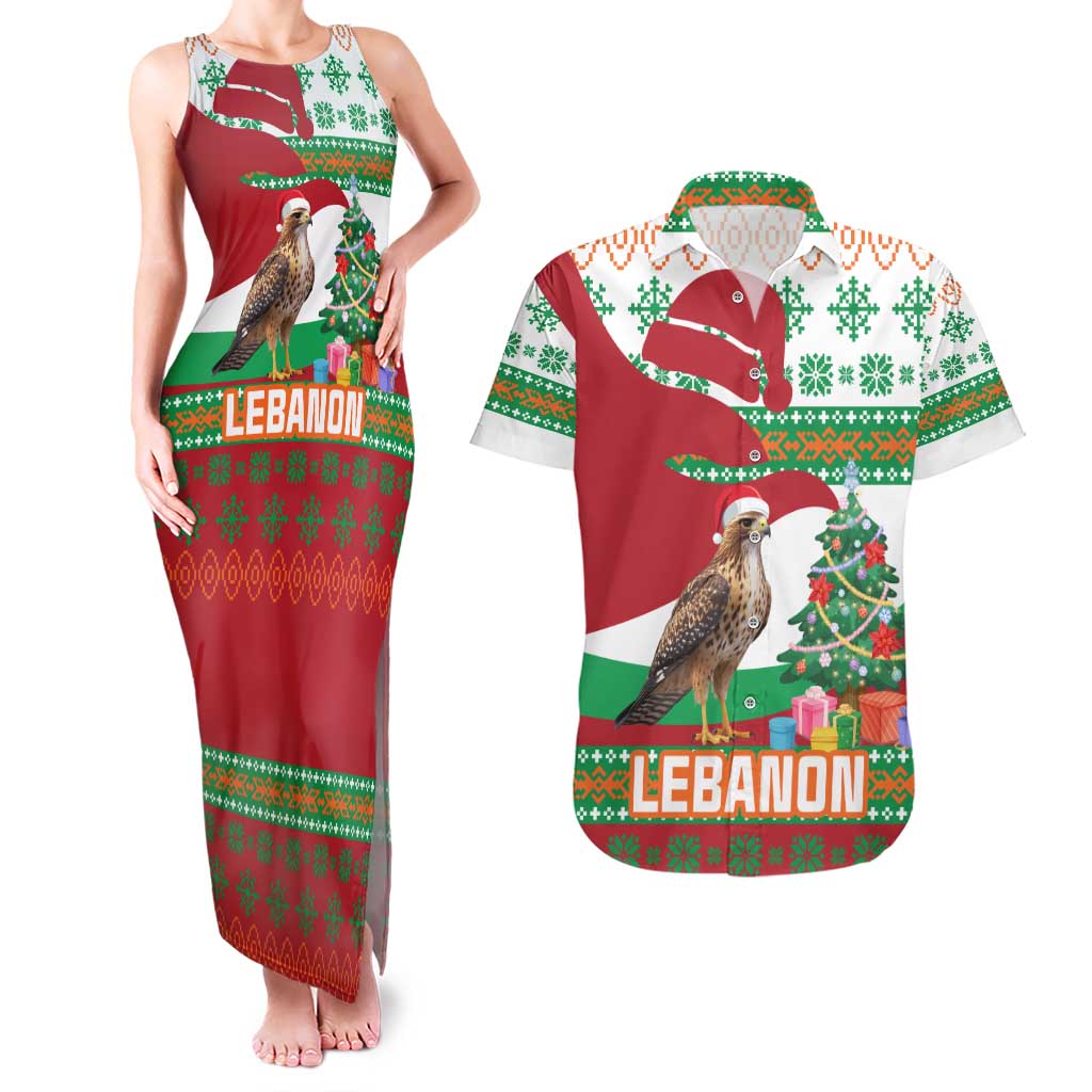 Lebanon Christmas Couples Matching Tank Maxi Dress and Hawaiian Shirt with Falcon, Holiday Tree, and Red Green Snowflake Pattern - Wonder Print Shop